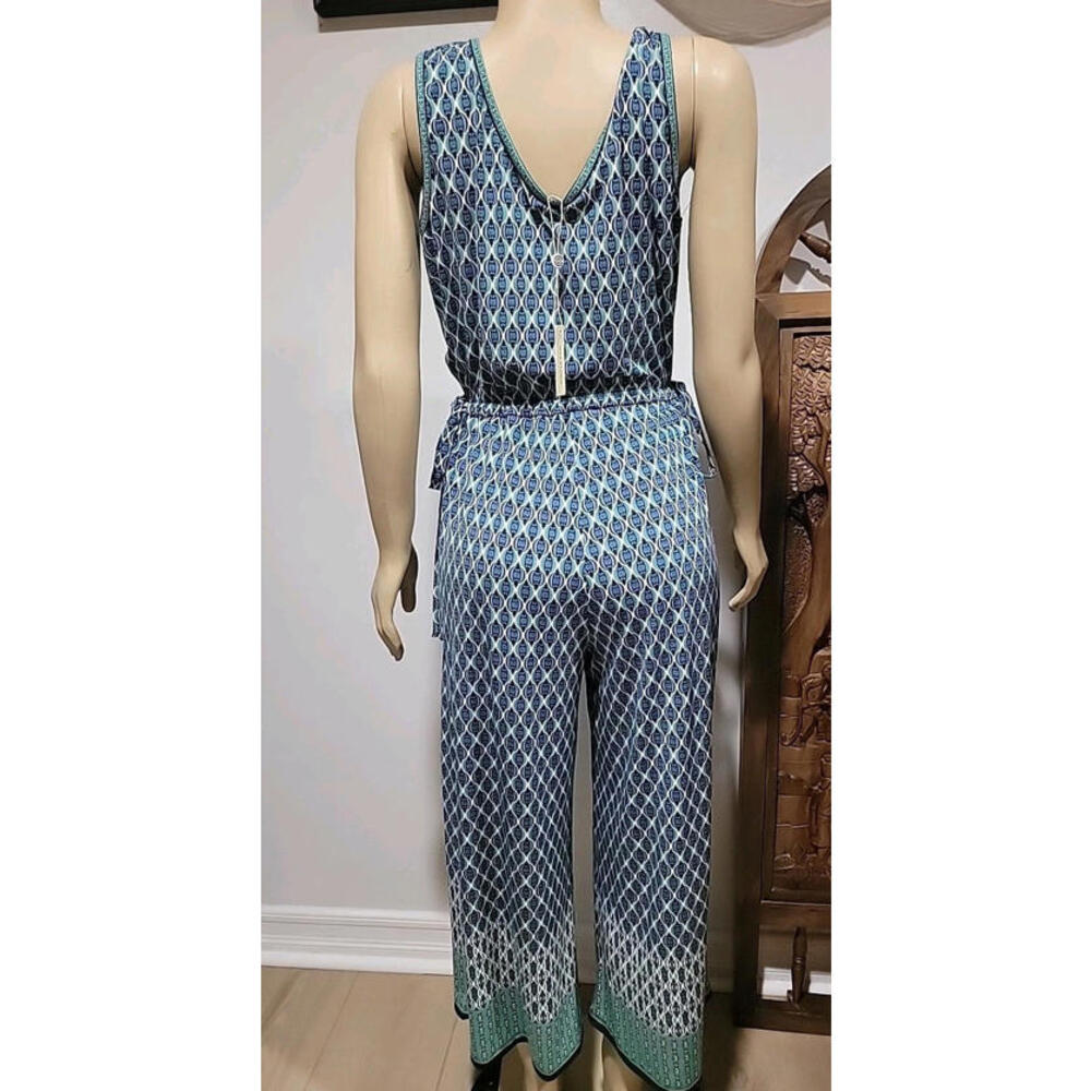 Max Studio GEO Pattern Size L Navy Green Wide Leg Jumpsuit NWT $118 #C - Picture 4 of 14